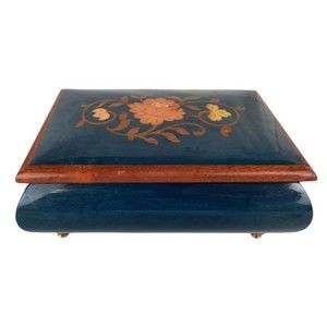 Vintage Reuge Wooden Footed Floral Inlay Music Jewelry Trinket Box Sainte Croix